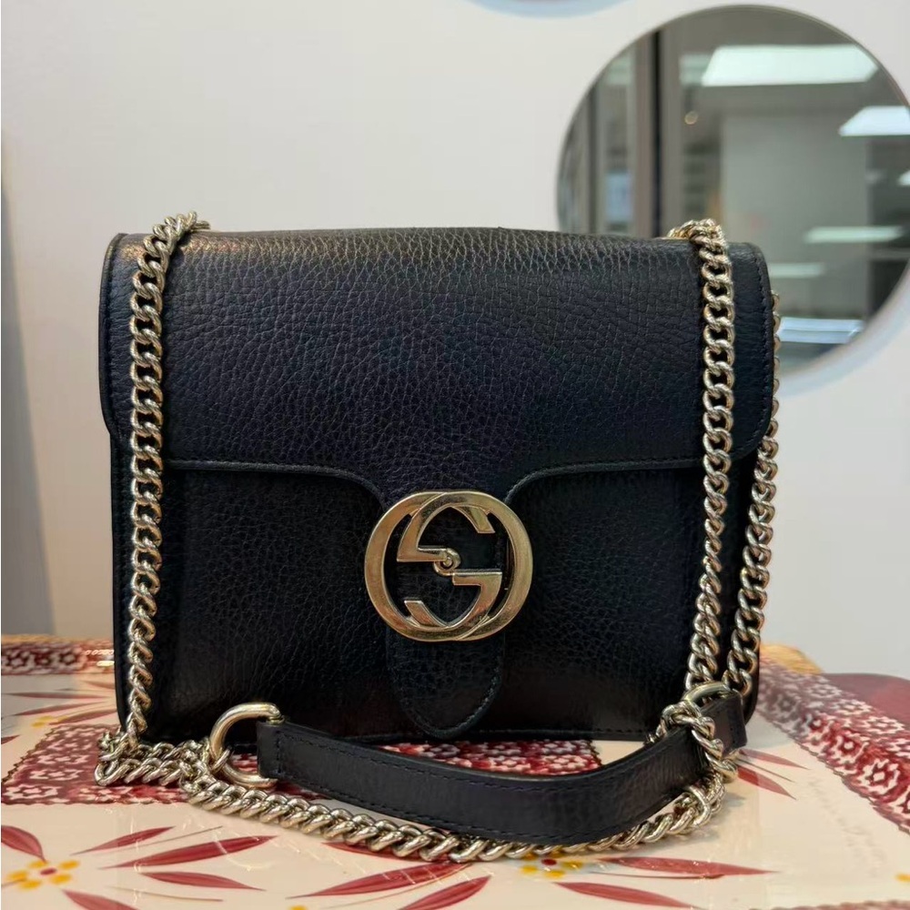 Gucci Black Leather Crossbody with Gold Double G